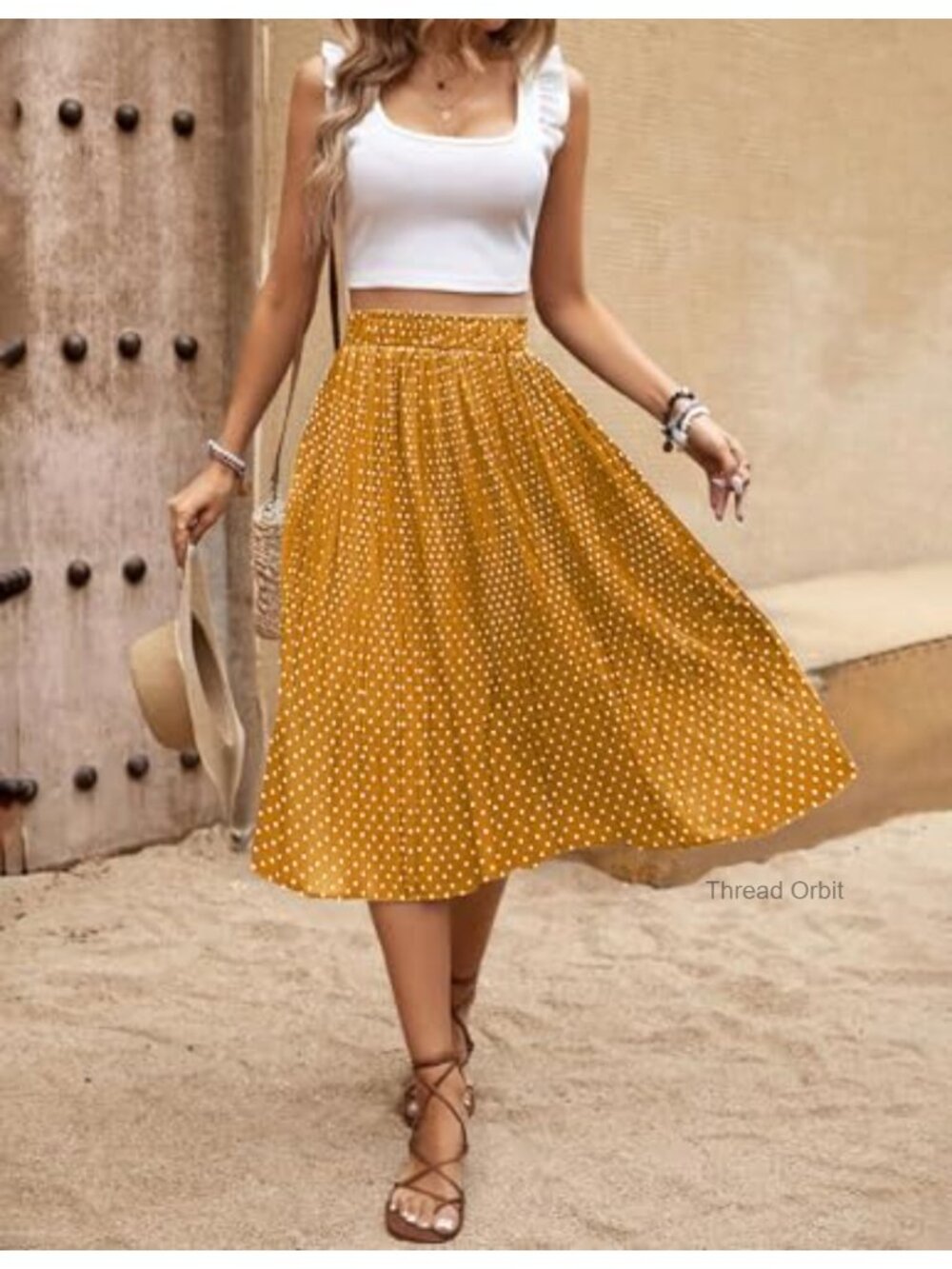 Women's High Waisted Pleated A-Line Midi Skirt with Pockets - Picture 2 of 6